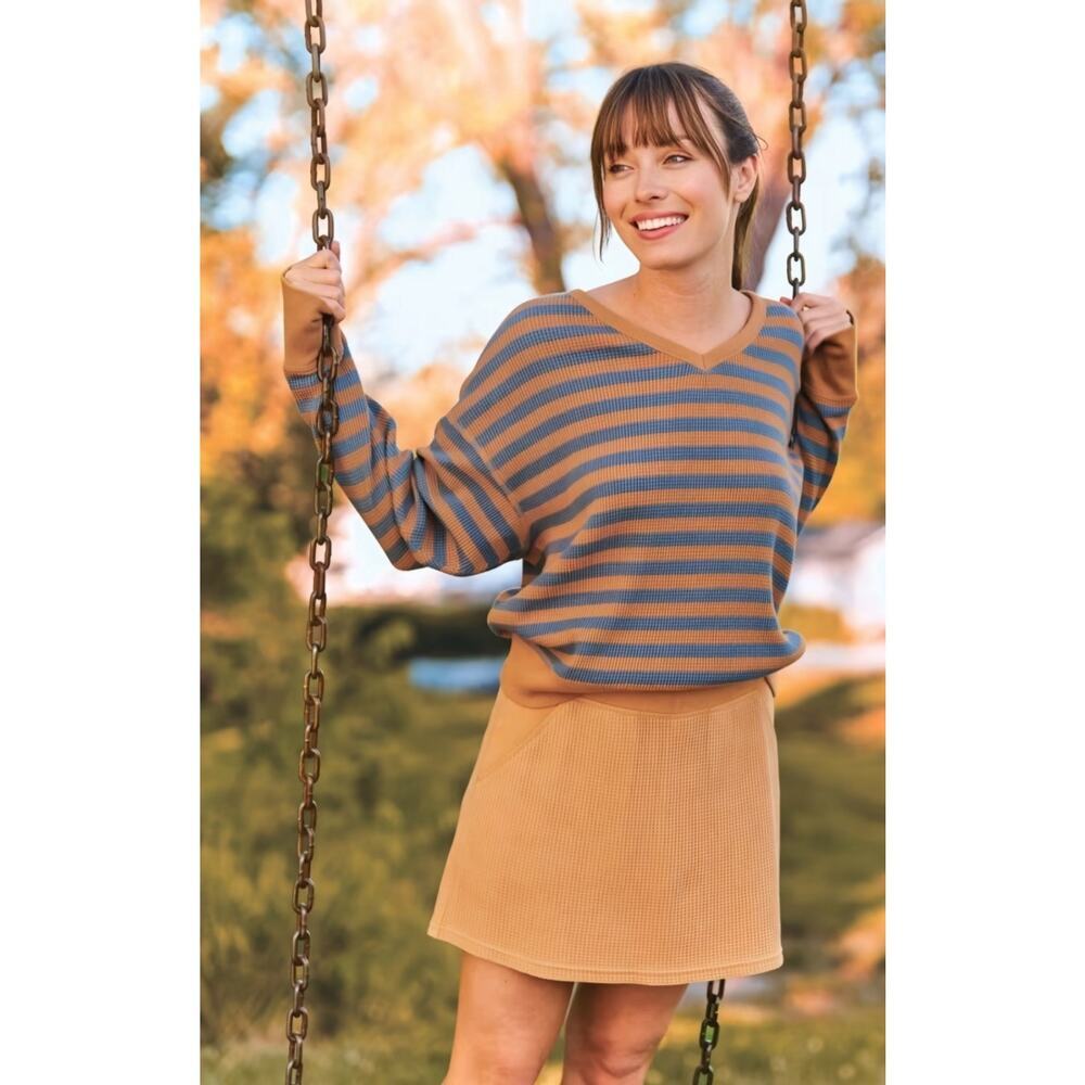 Natural Reflections Waffle V-Neck Pullover Womens Top Flint Stripe Size Small S